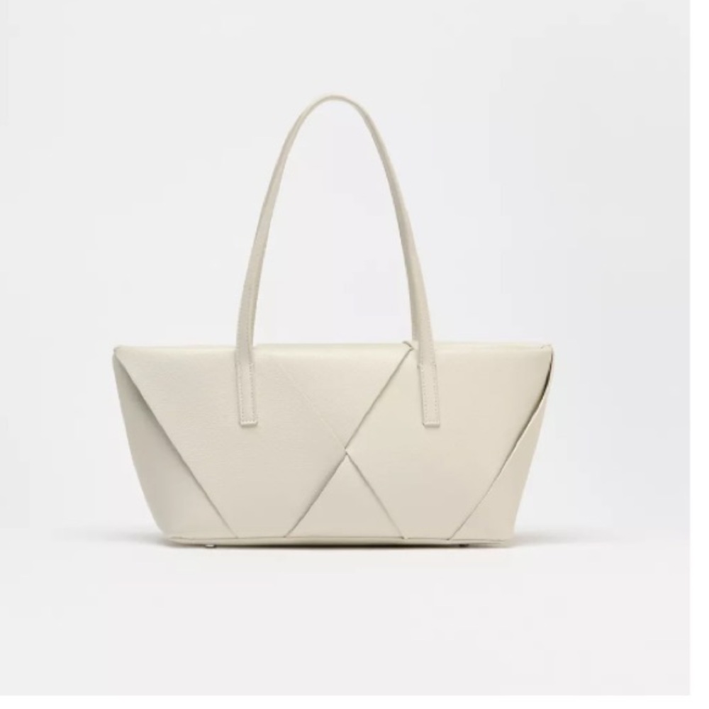 ZARA Soft Vegan Leather Woven Elongated Handbag in Cream